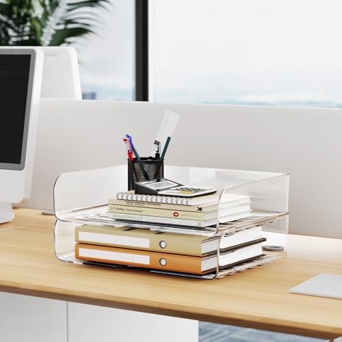 Desk Letter Tray Set, A4 Size Clear PET Stackable 2x Landscape Transparent