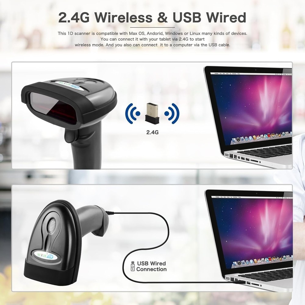 2-in-1 Wireless & USB Barcode Scanner - Rechargeable 1D Laser Reader (NT-1698W)