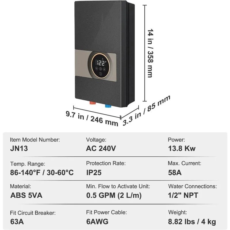 Electric Tankless Water Heater, 13.8KW Instant Hot Water Heater, Digital Display