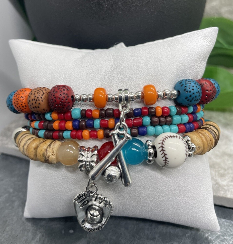 5 PC Handmade Baseball Beaded Stackable 7” Plus Stretch Bracelet Set New B1668