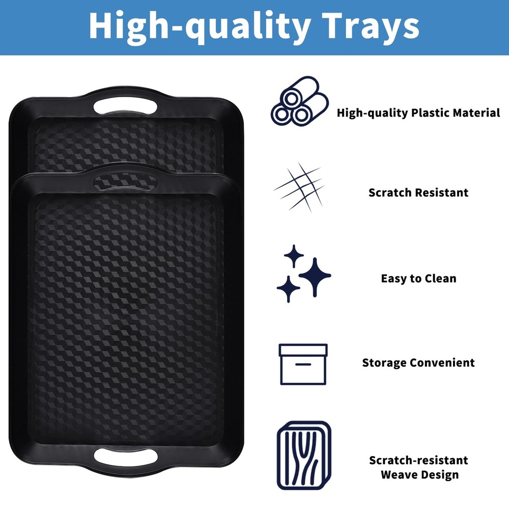 2 Pack 12.2x16 inch Multi-Purpose Rectangular Non Slip Serving Trays Plastic