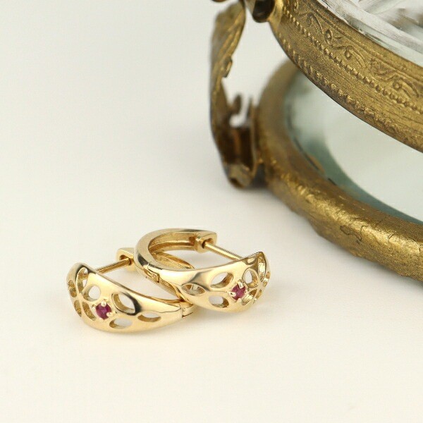 K10 Gold Hoop Earrings with Openwork Flower & Ruby (Pair)