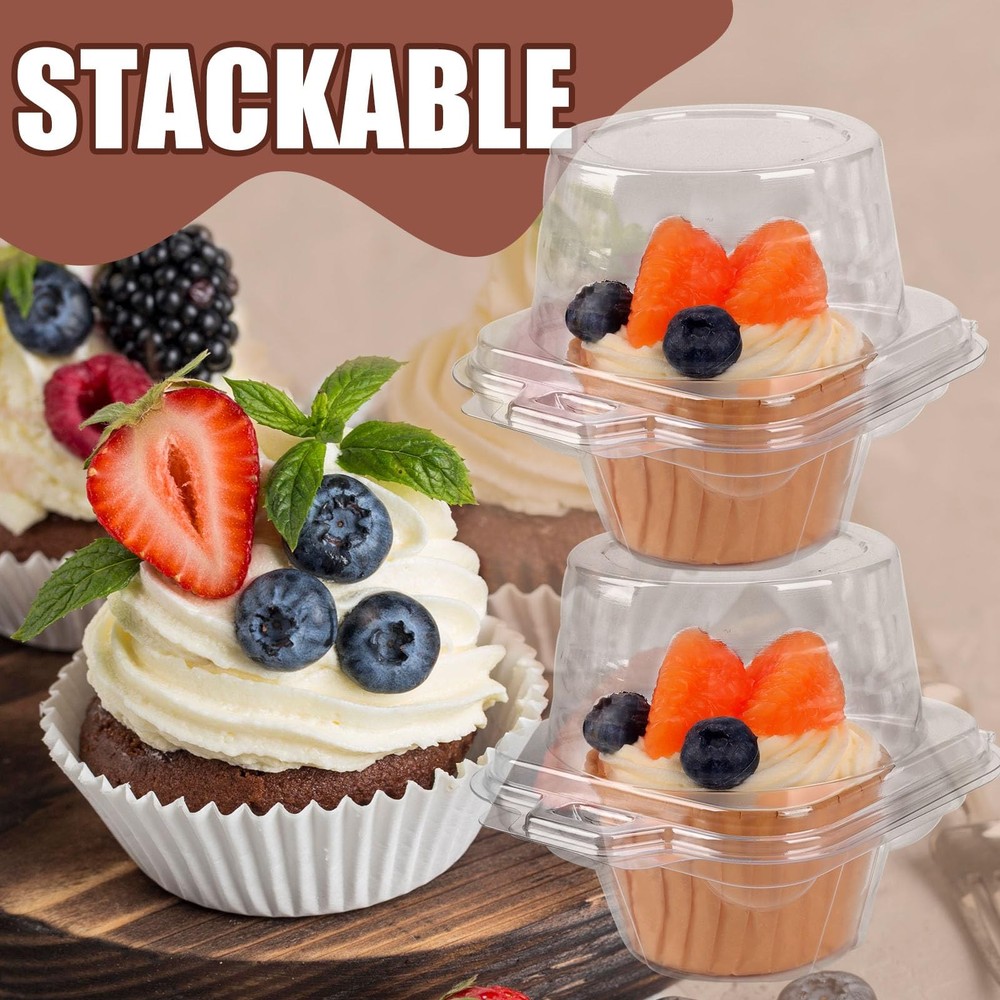 100 Pcs Cupcake Boxes Plastic Individual Container Single Carrier Dome Lid