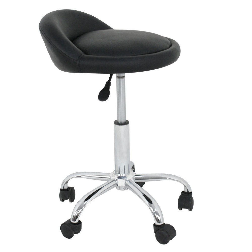 2PCS Adjustable Hydraulic Rolling Stool PU Leather Salon Chair with Back Black