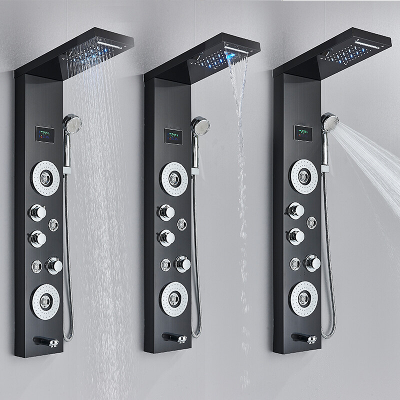 Shower Panel Tower Massage System LED Rain Waterfall Shower Head Black Mixer Tap