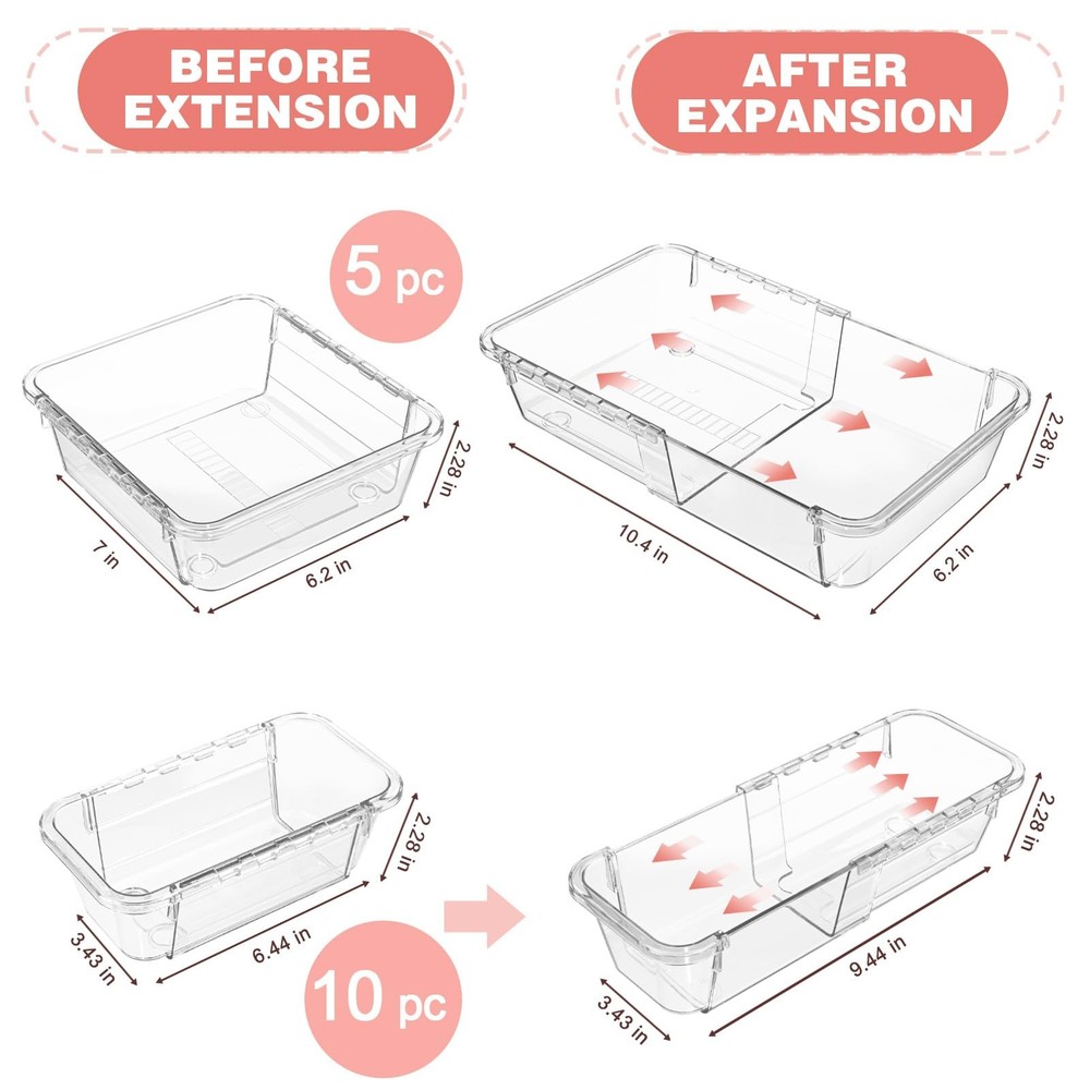 15 Pcs Extendable Clear Drawer Organizer All Adjustable Vanity Storage Box 2
