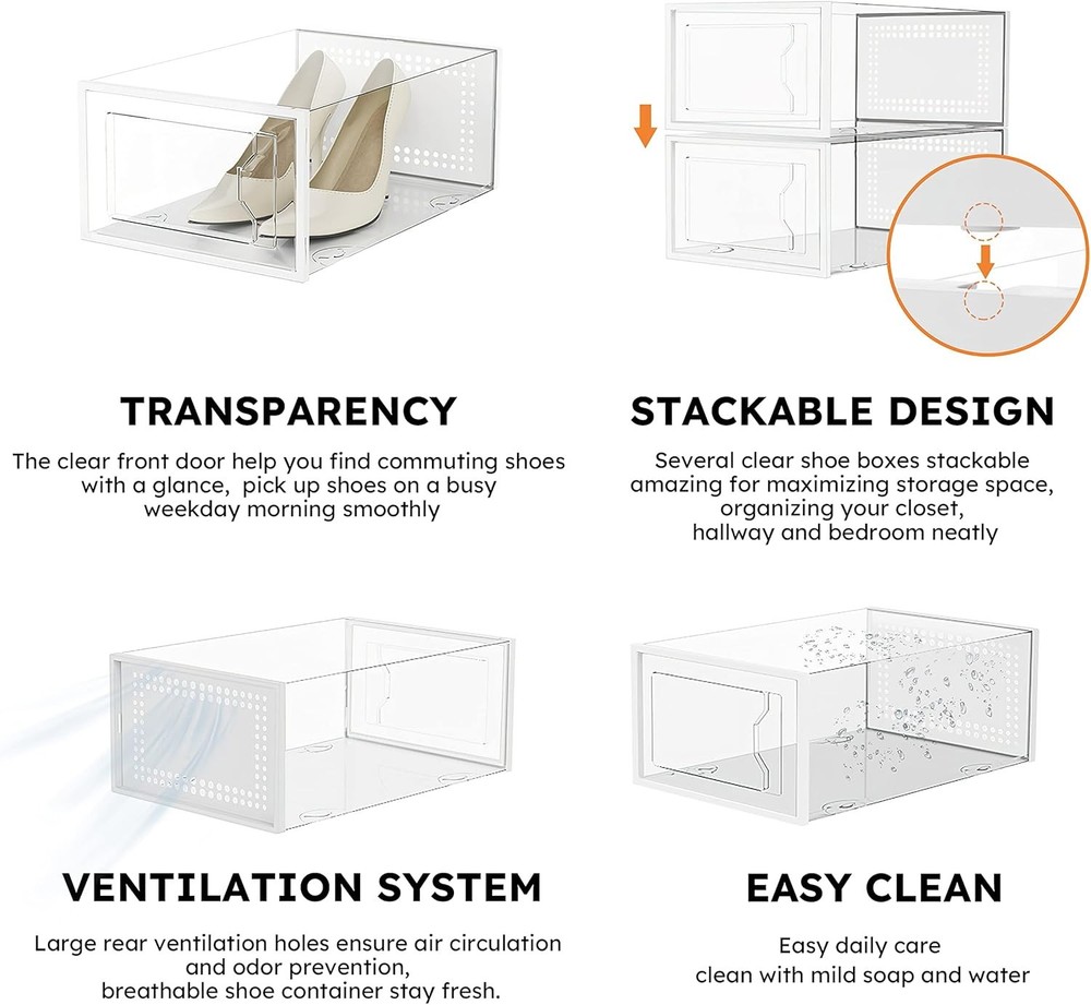 12 Pack X-Large Shoe Storage Box Clear Plastic Stackable #127K