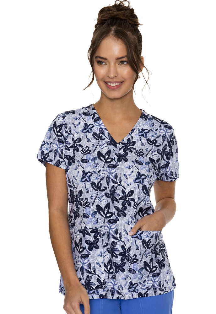 Newspaper Daisy Med Couture Print Scrub V Neck Top MC8564 NPDA