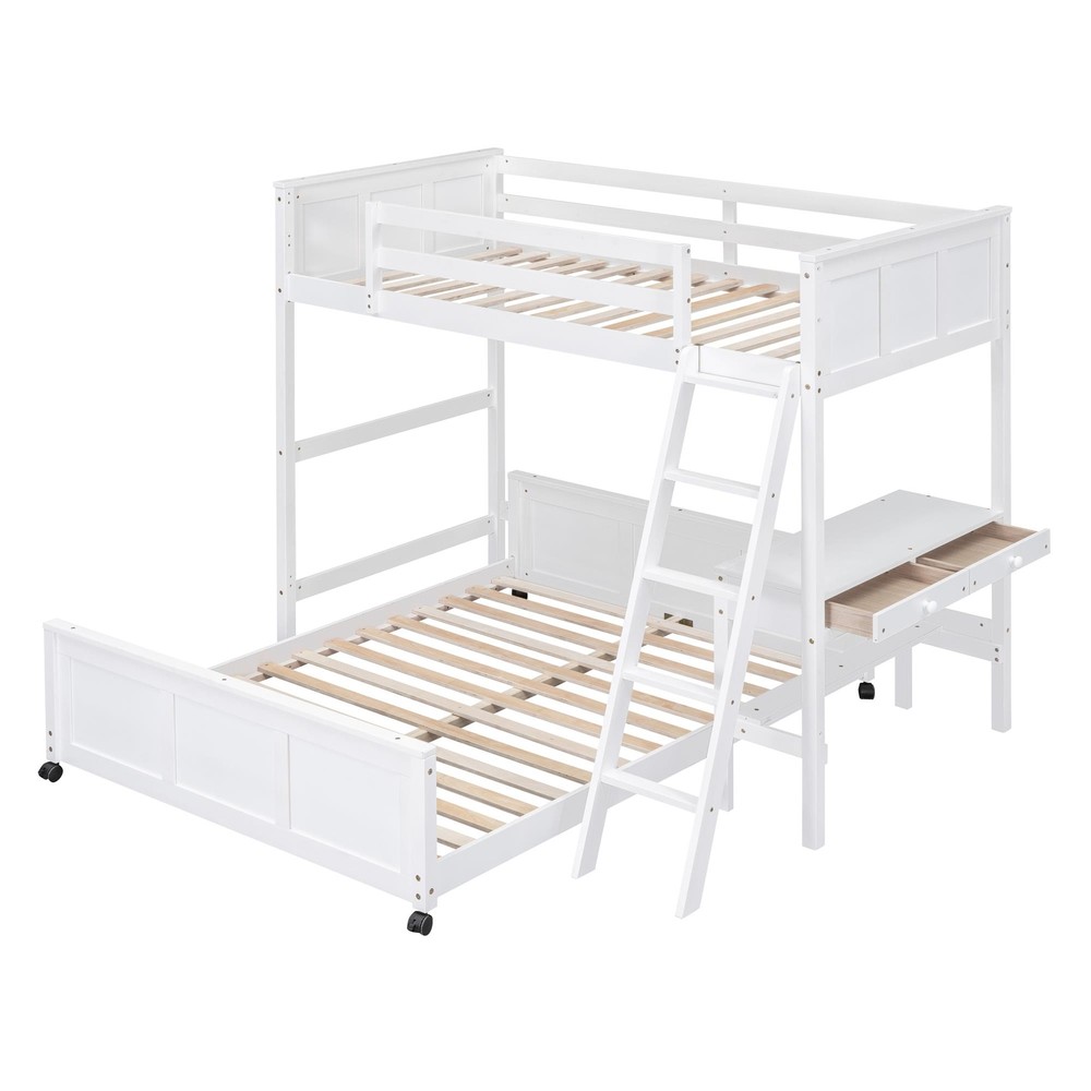 Twin Over Full Bunk Bed with Desk White/Gray