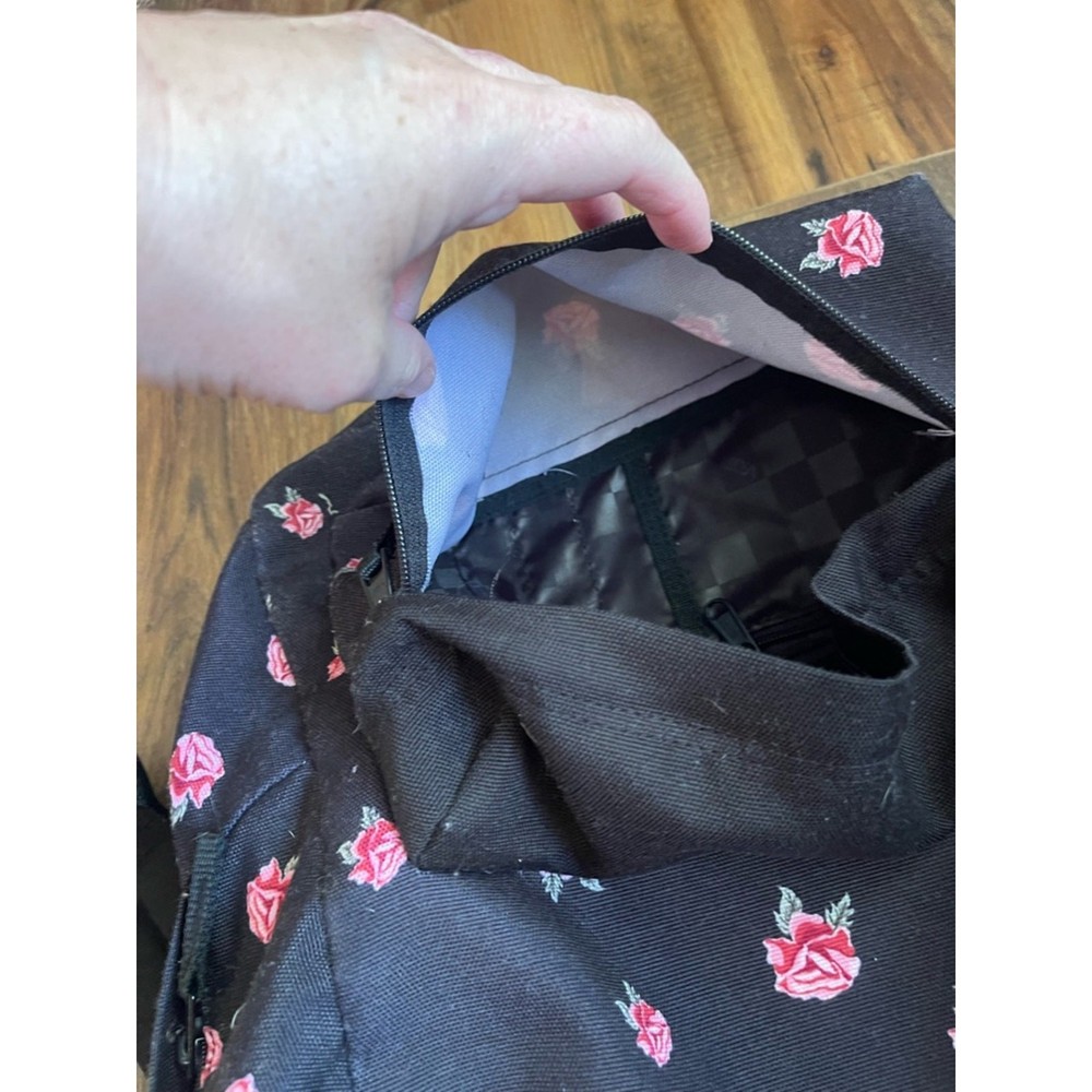 Vans Black Backpack with Pink Rose Pattern