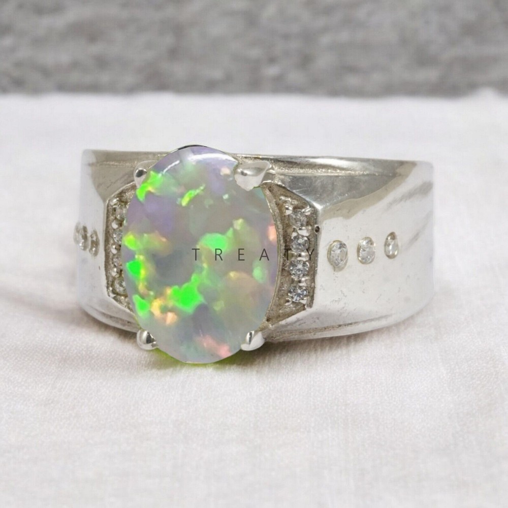 Opal Oval Cut Gemstone With 14K Solid White Gold Ring For Men's #185