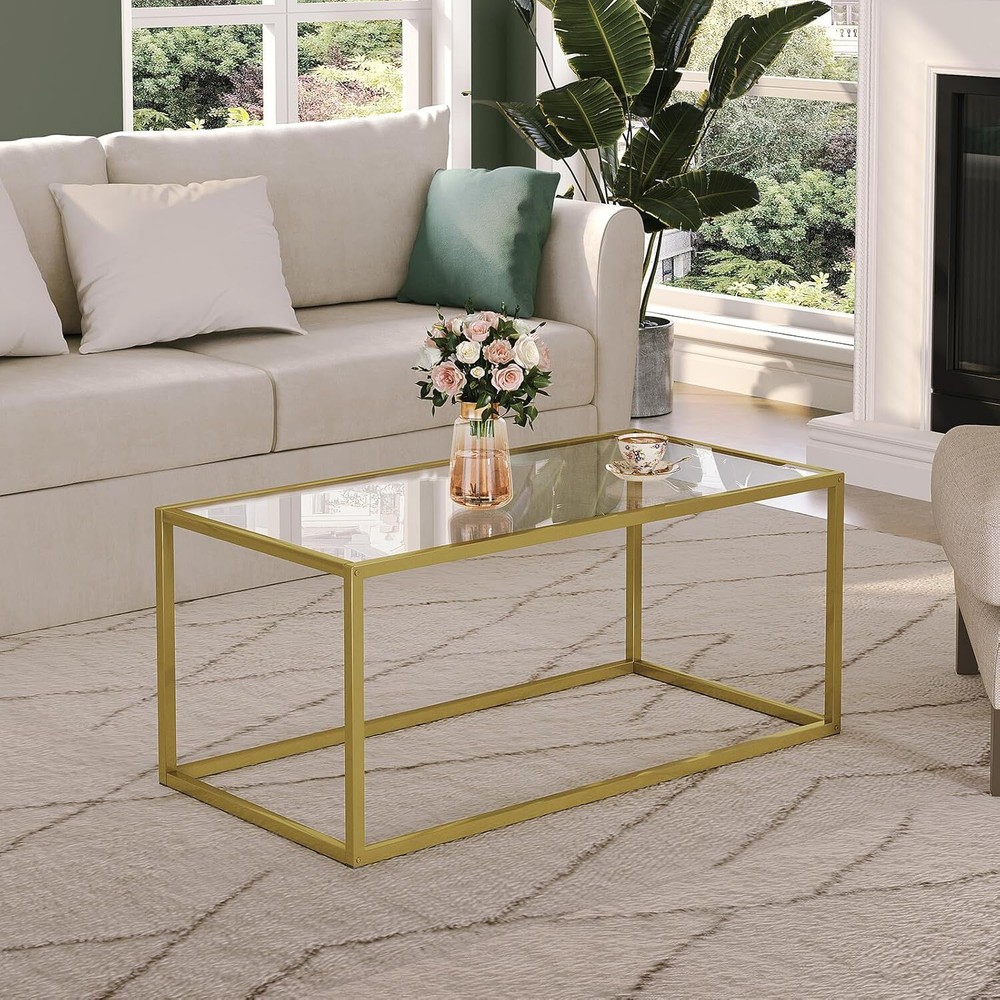 SAYGOER Gold Coffee Table Glass Tables Modern Rectangular Center