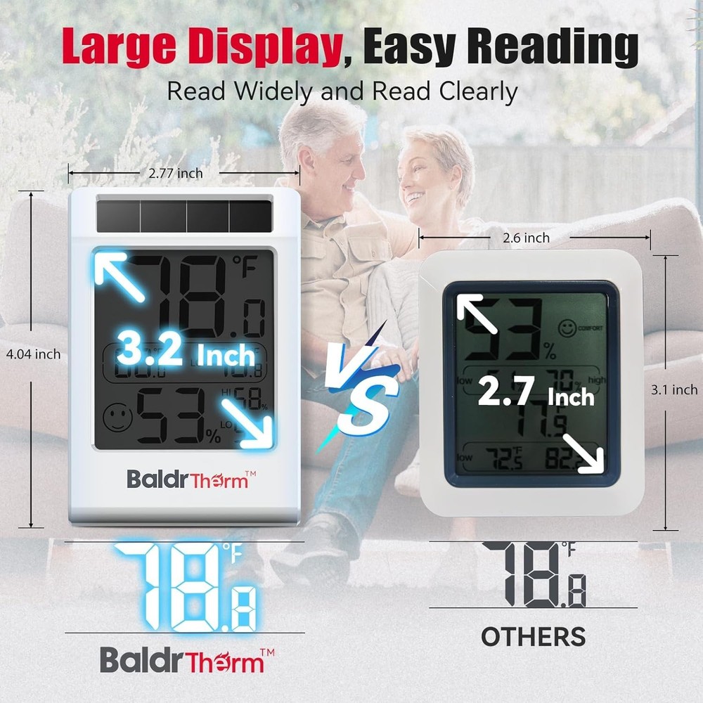 Solar-Powered 3.2'' Digital Thermometer with Max/Min Readings - 1 Support