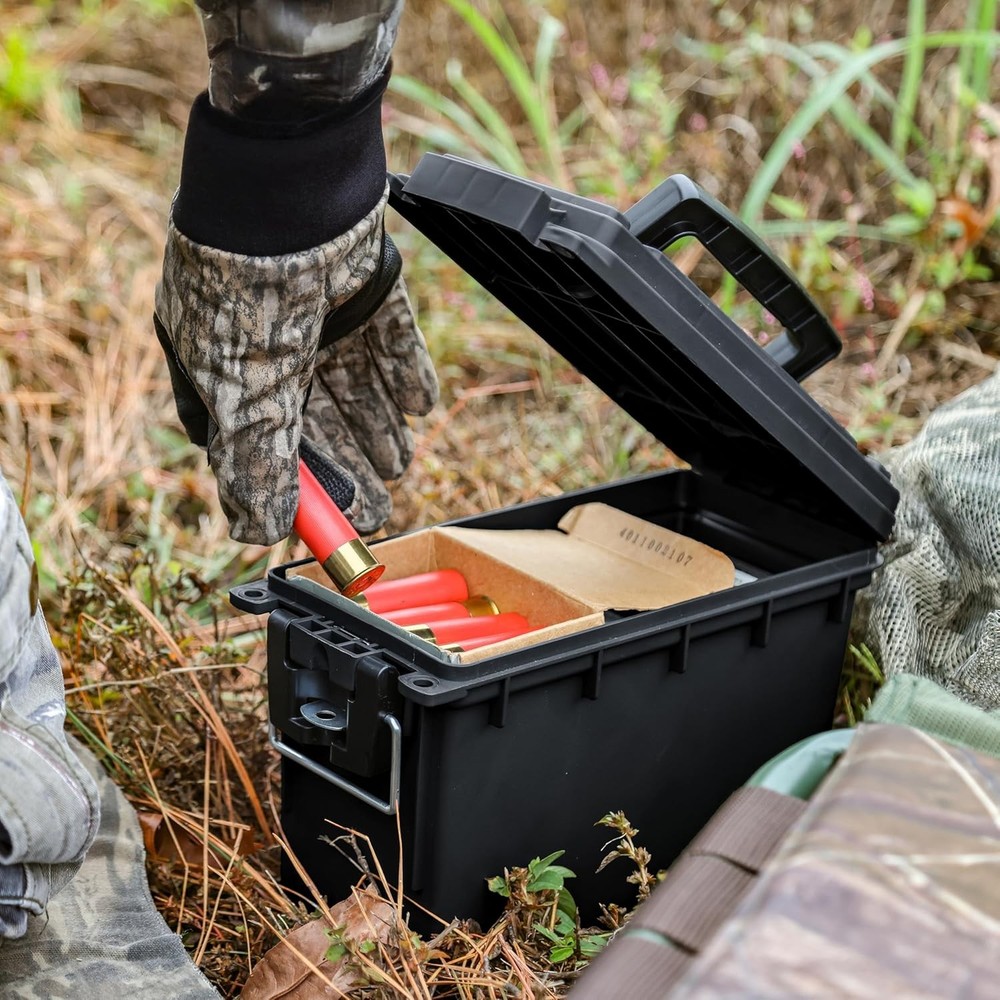 Stackable ammo storage box with lock.
