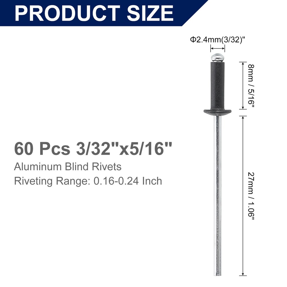 60Pcs 3/32"x5/16" Aluminum Blind Rivets, Dome Head Long Split Rivets, Black