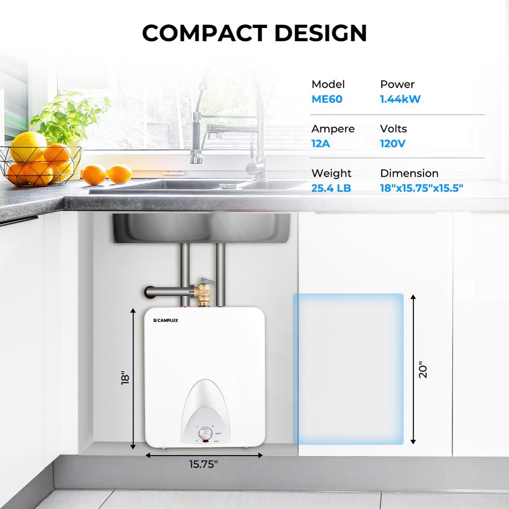 6 Gallon Electric Water Heater Mini Tank 1400W On Demand for Whole House Shower