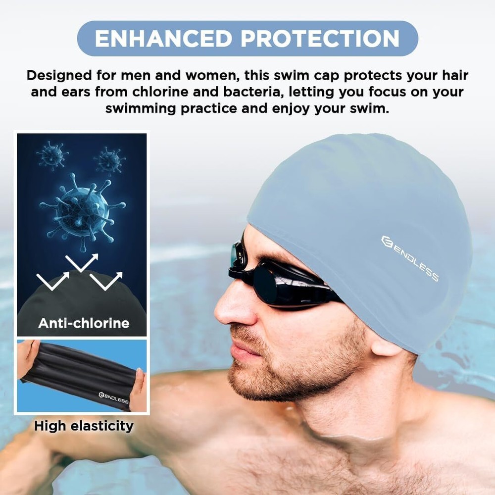 Endless EL1023 Comfortable Silicon Swimming Cap | Ergonomic Ear Pockets | Silver