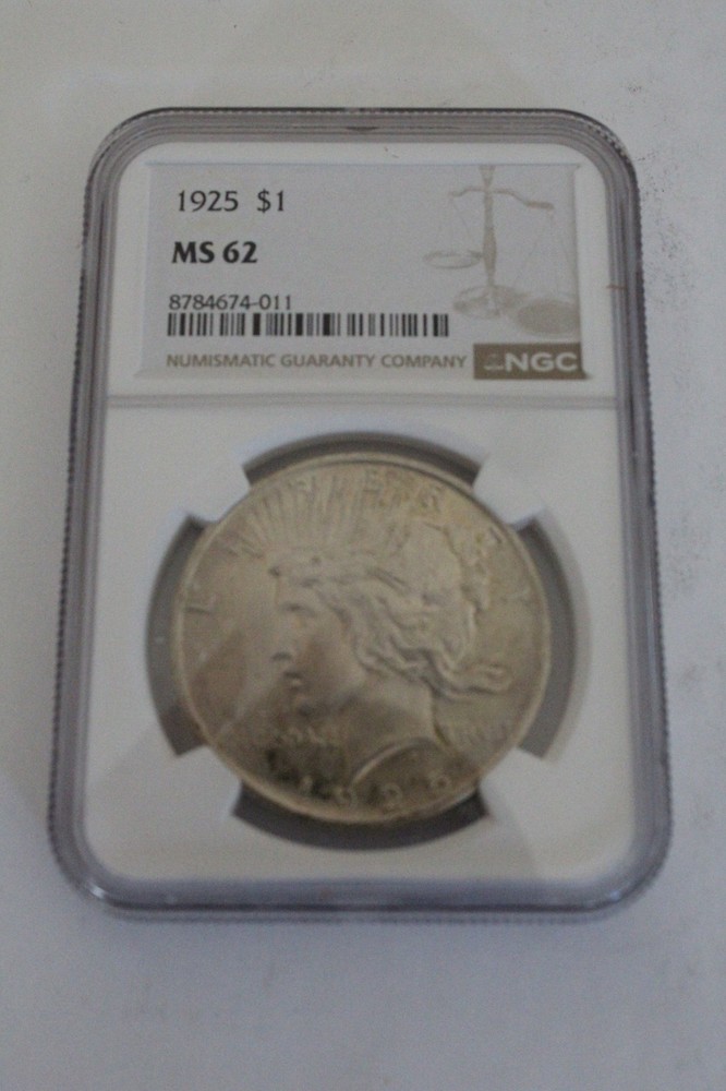 1925 $1, ms 62, PEACE SILVER DOLLAR, NGC CERTIFIED