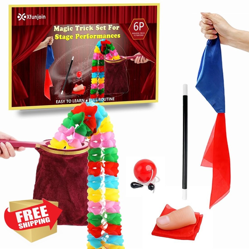 Xfunjoin 6pc Magic Trick Set Stage Performance Beginner Kit Change Bag Silk