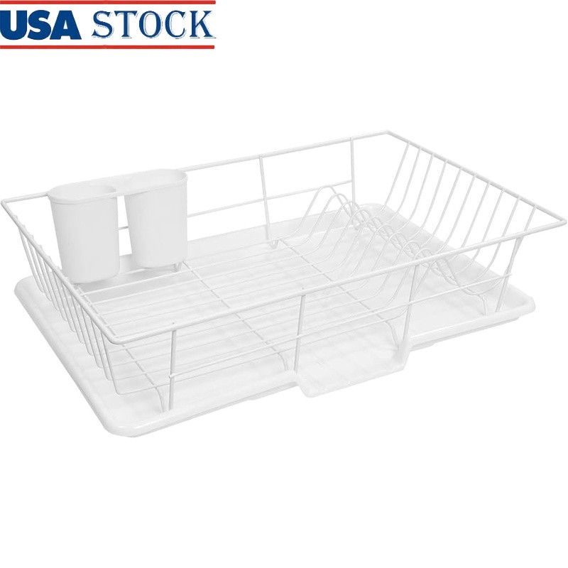 3 Piece Dish Drainer Set Utensil Holder Drip Tray Space Saving Kitchen Organizer