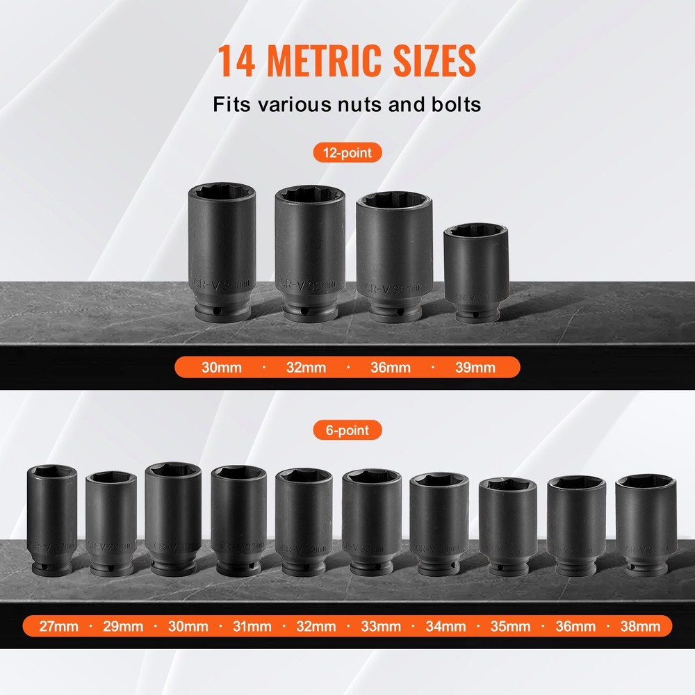 Axle Nut Impact Socket Set 1/2" Drive Deep 6+12-Point 14PCS Metric Socket