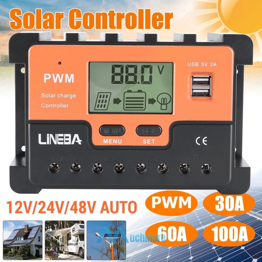 PWM Solar Panel Regulator Charge Controller 12V/24V/48V Auto Focus Tracking 2USB