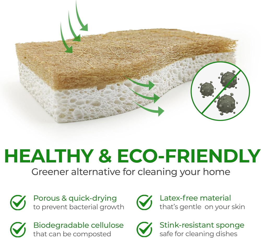 Biodegradable Natural Kitchen Sponge - Compostable Cellulose and Coconut Walnut