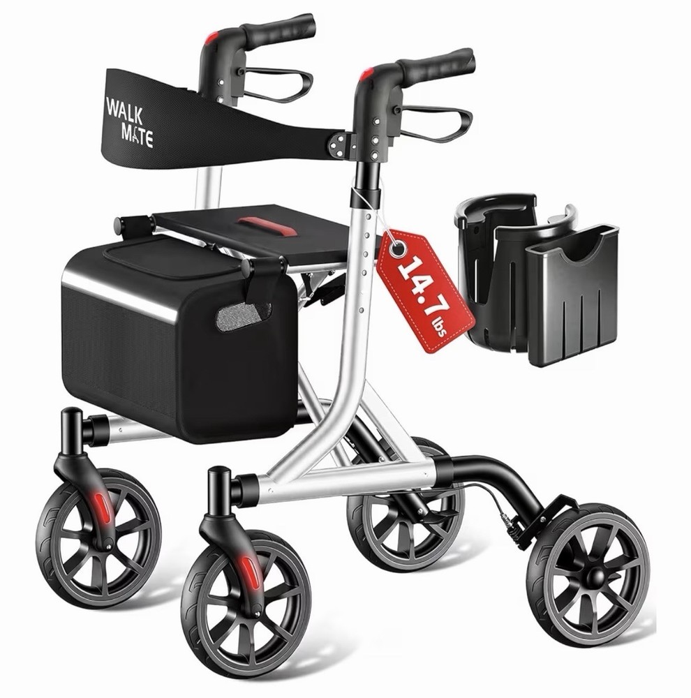 WALK MATE ROLLATOR WALKER Padded Seat & Backrest Cup Holder 8”Wheels  Silver
