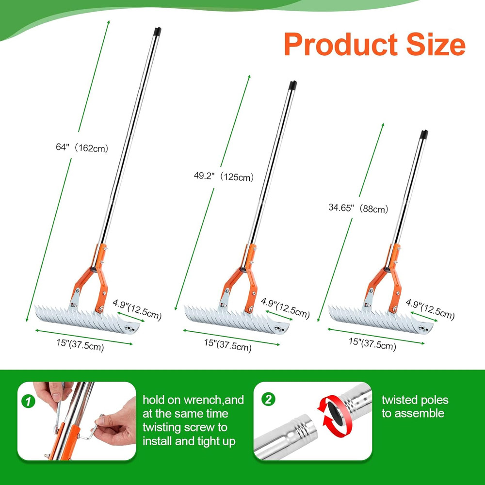 Thatch Rake, 15 Inch Lawn Thatching Rake, Heavy-Duty Dethatcher Rake with Gloves