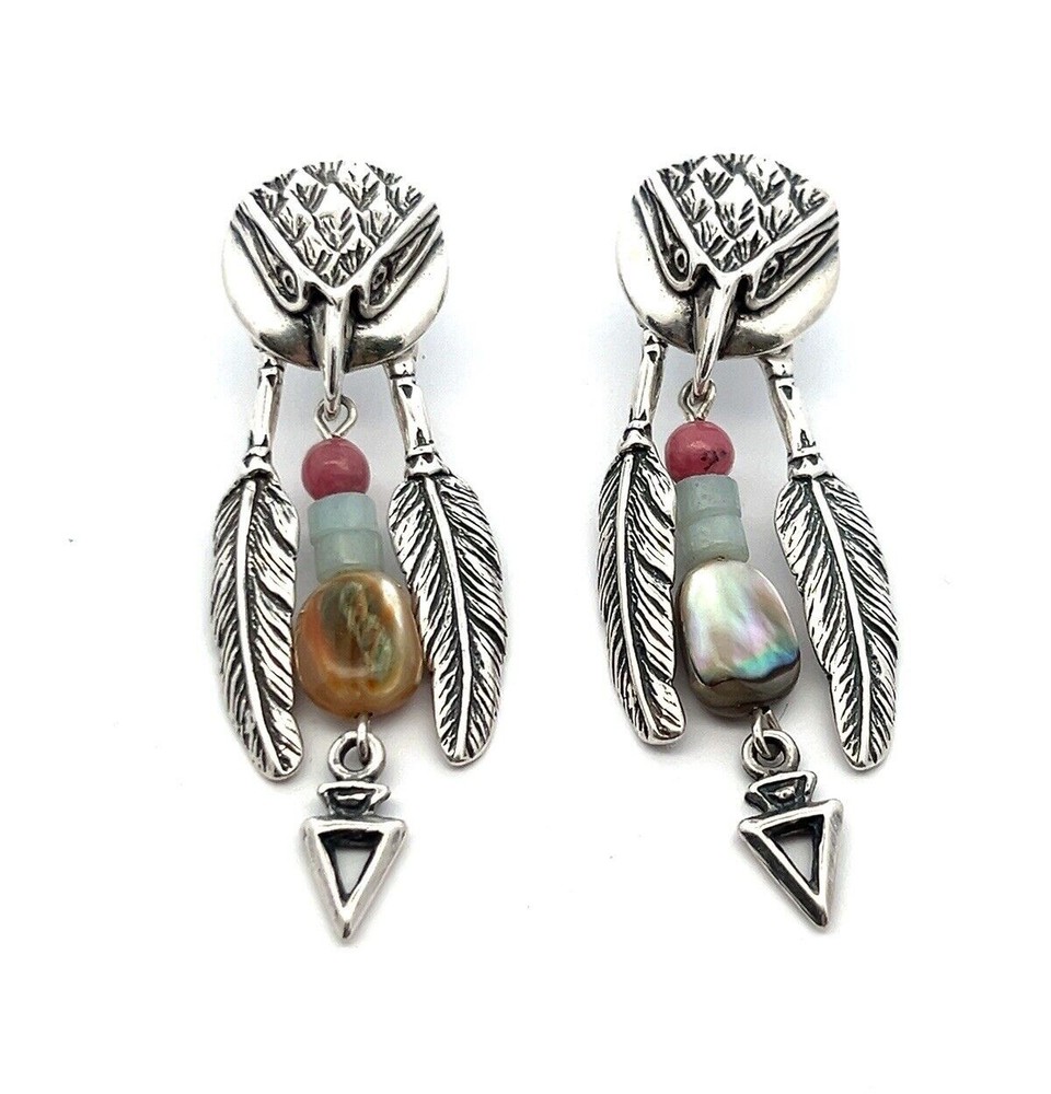 Designer Signed Eagle Raven Dangle Gemstone Feather Earrings 925 Sterling Silver