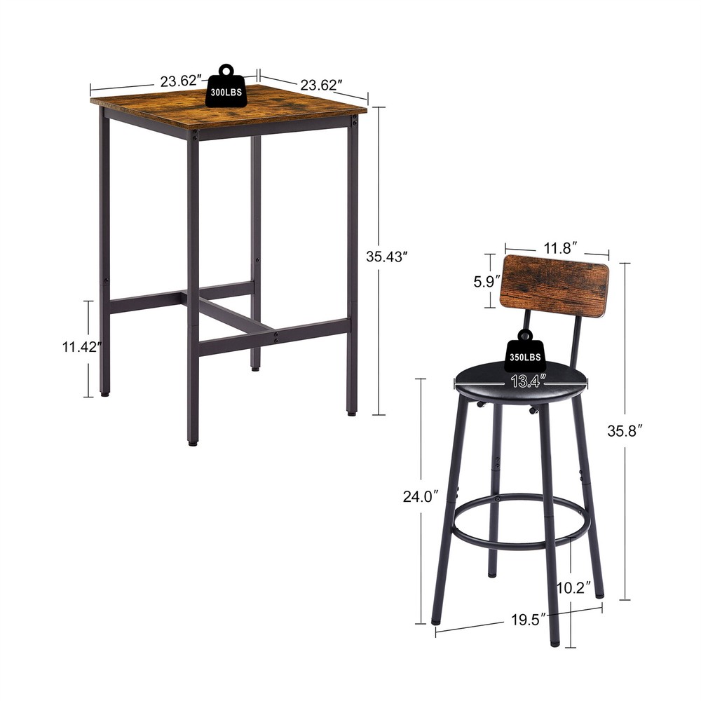 3 Piece Bar Table Set Counter Height Dining Kitchen Table with 2 Bar Stools US