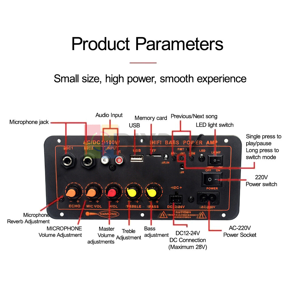 D100W Bluetooth Audio Amplifier Board Subwoofer Microphone input DC12 24V AC220V