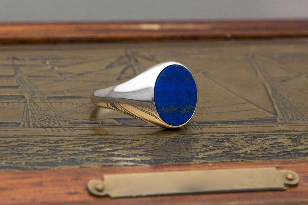 Solid 925 Sterling Silver Natural Flat Lapis Lazuli Gemstone Signet Men's Ring