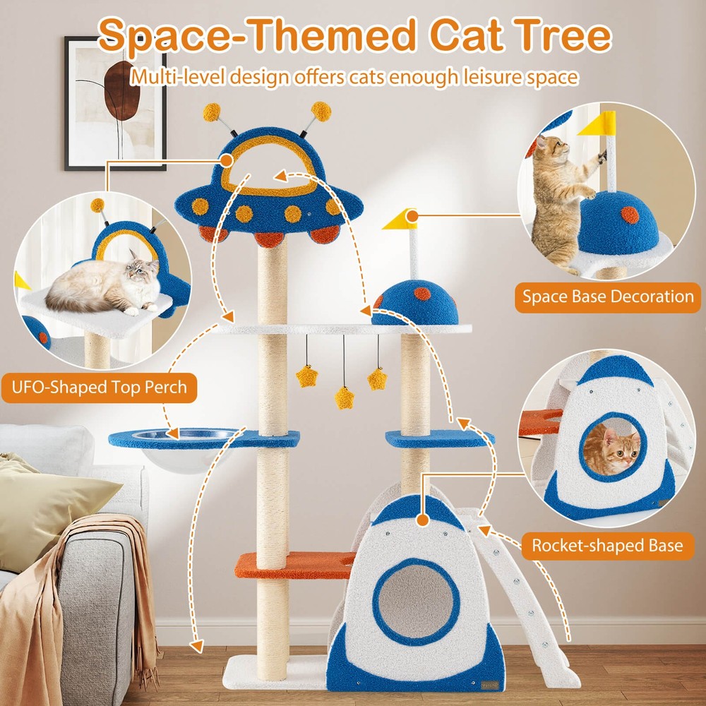 Space Theme Cat Tree w/ Sisal Covered Scratching Posts UFO-shaped Top Perch