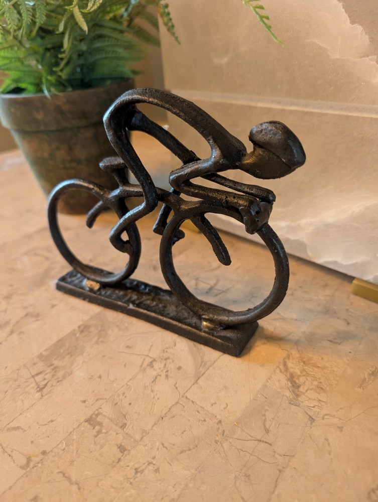 Cast Iron Bicycle Cyclist Rustic Primitive Black Sculpture Racing Figurine