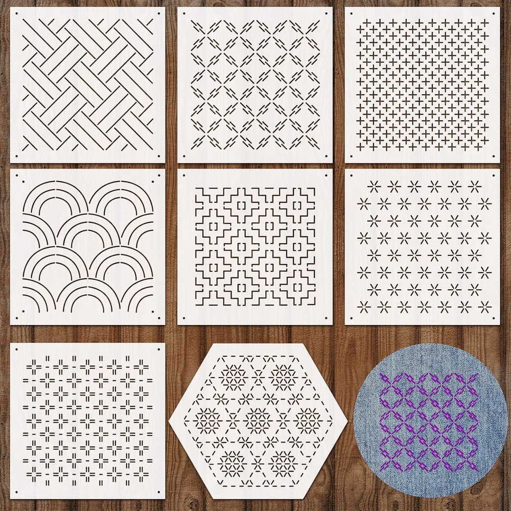 8 Pcs 4.7 X 4.7 Inch Plastic Sashiko Stencil Kit Geometric Sashiko Pattern Templ