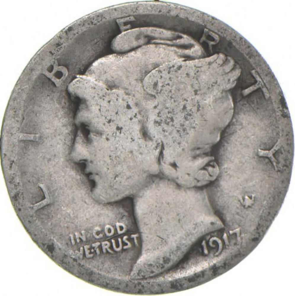G+ 1917 Mercury 90% Silver Dime