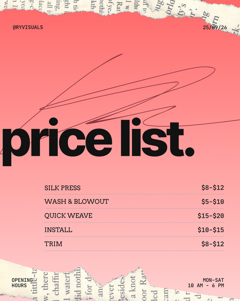 editable hair pricing template