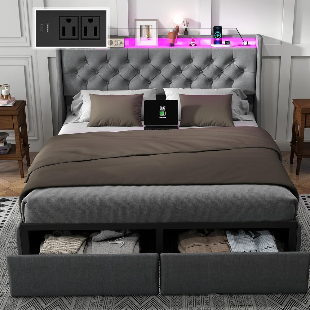 Queen Size Bed Frame with Charging Station and Headboard, Upholstered Button Tuf