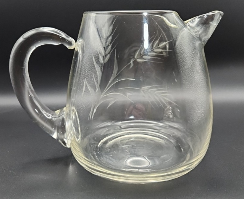 MCM Hand-Blown Etched Wheat Pattern Pinched "Ice Lip" Glass Pitcher Roly Poly
