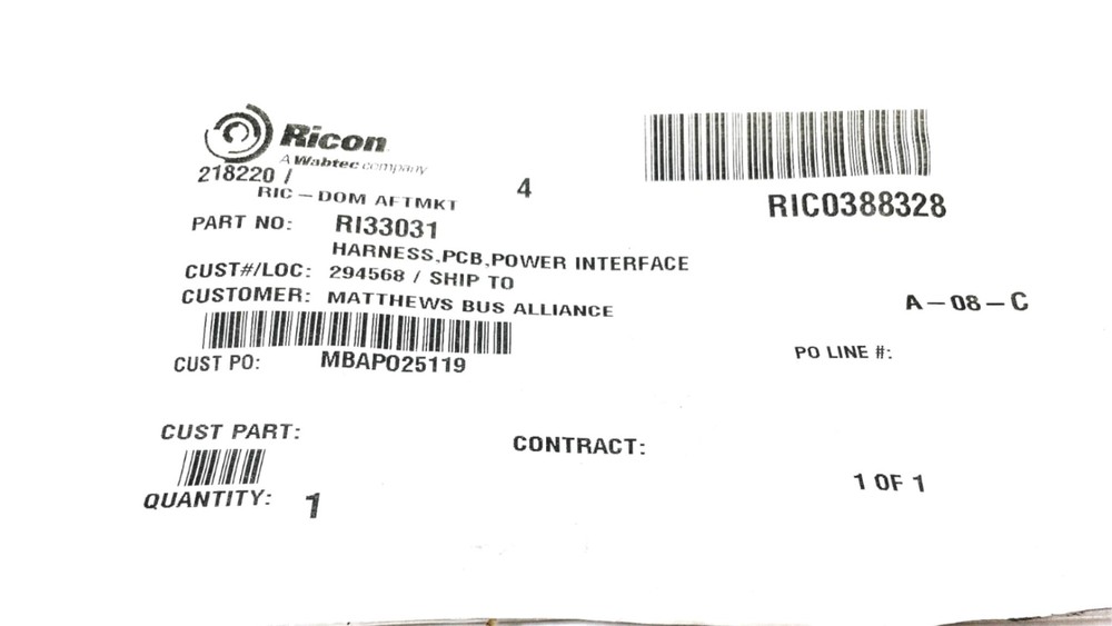 Ricon PCB Power Interface Harness RI33031 NOS