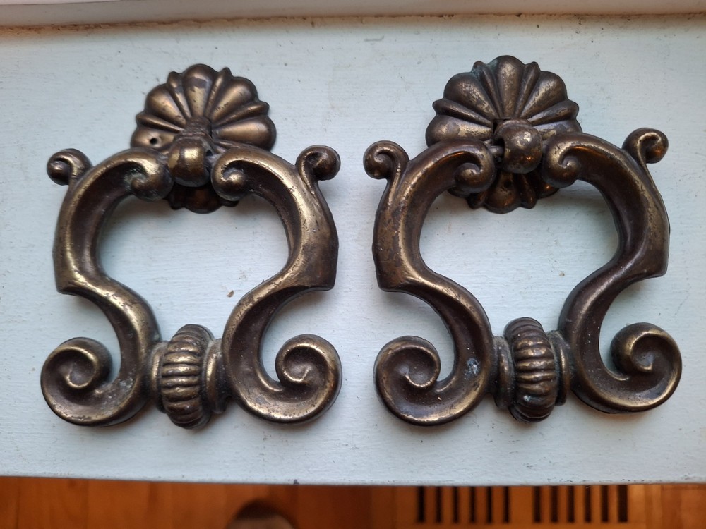 Vtg  2 Solid Brass #7422  Drawer Hanging Pulls w. Backplates