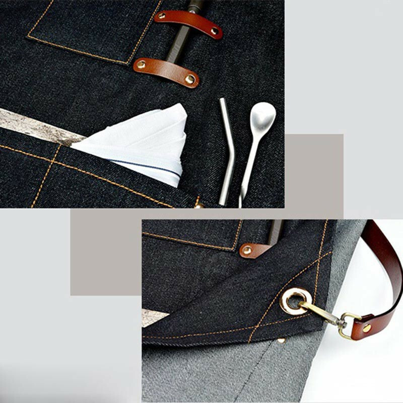 1PC Denim Bib Apron Leather Strap Barista Baker Bartender BBQ Chef Work Uniform