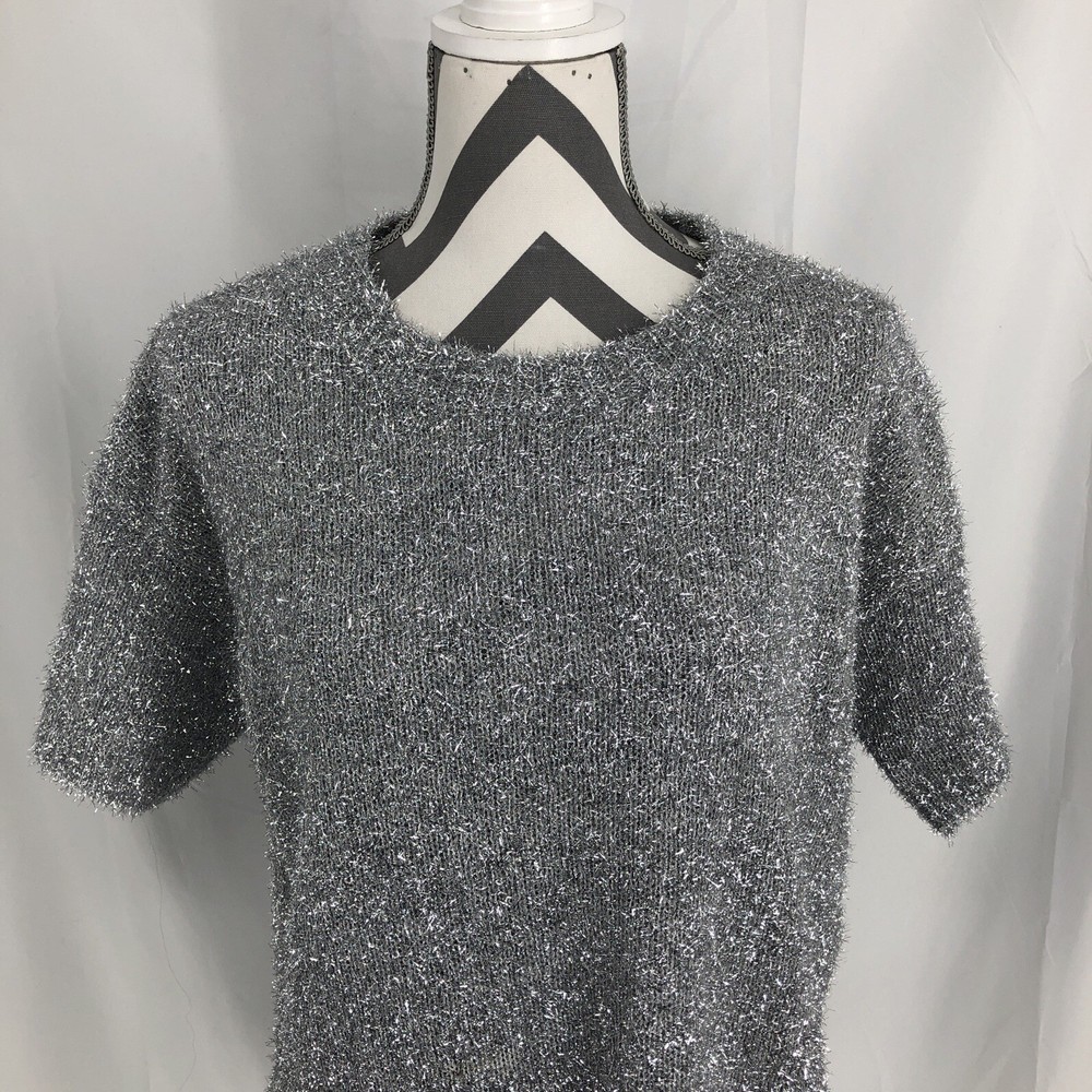 She + sky Gray Silver Tinsel Oversized Short Sleeve Sweater Small NWT