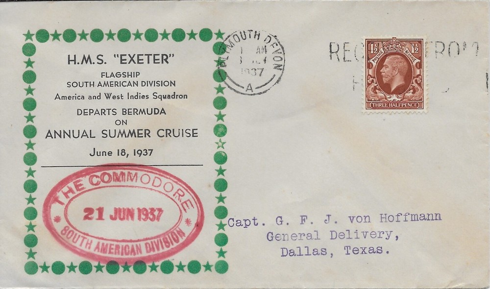 H M S "Exeter" postmarked 21 Jun 1957 Cruise to Bermuda Commodore nice cover