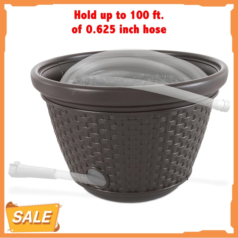 Suncast 100 Foot Resin Wicker Garden Water Hose Caddy Storage Holder Pot, Java