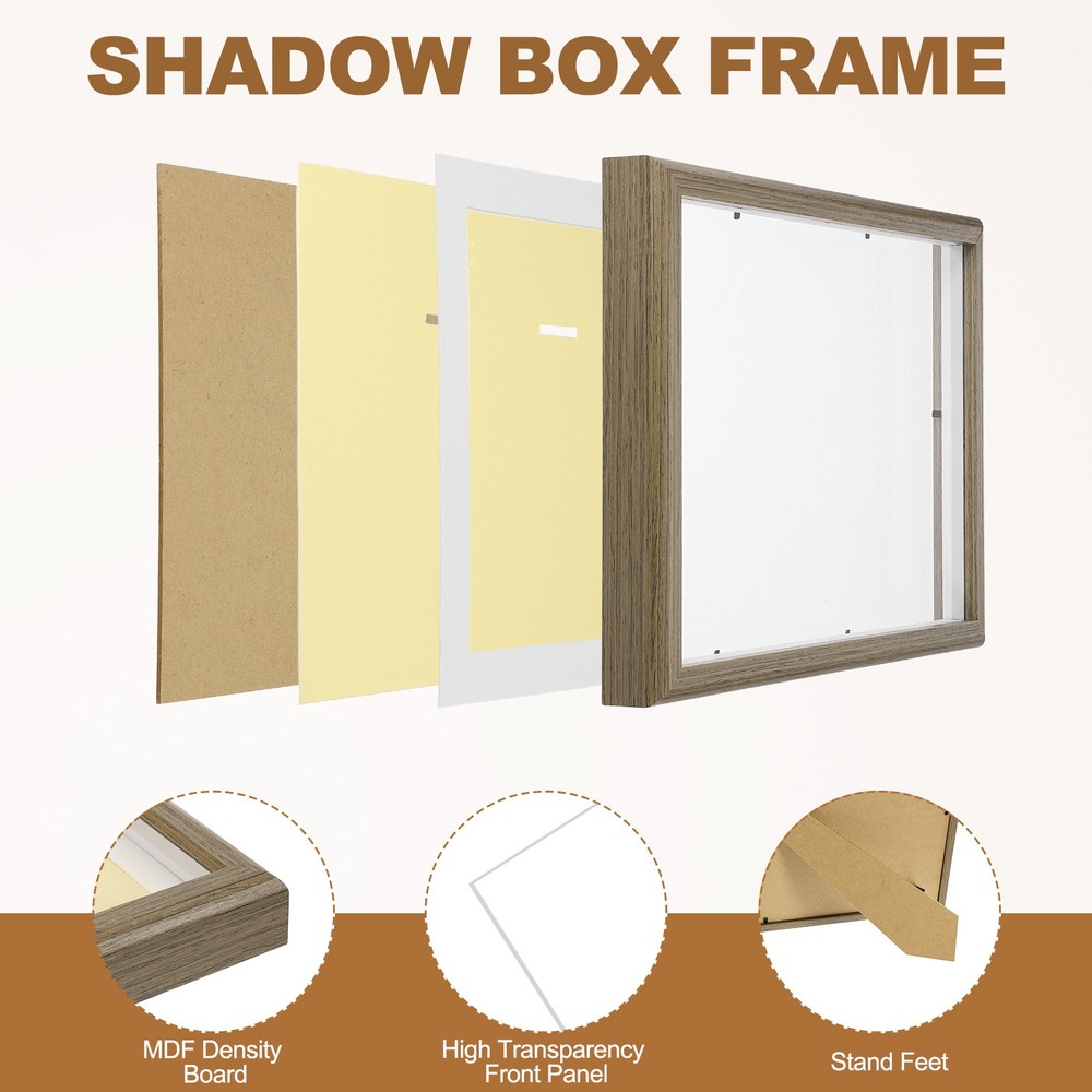 13x9" Horizontal Shadow Box Frame with Push Pins Adhesive, Walnut Color