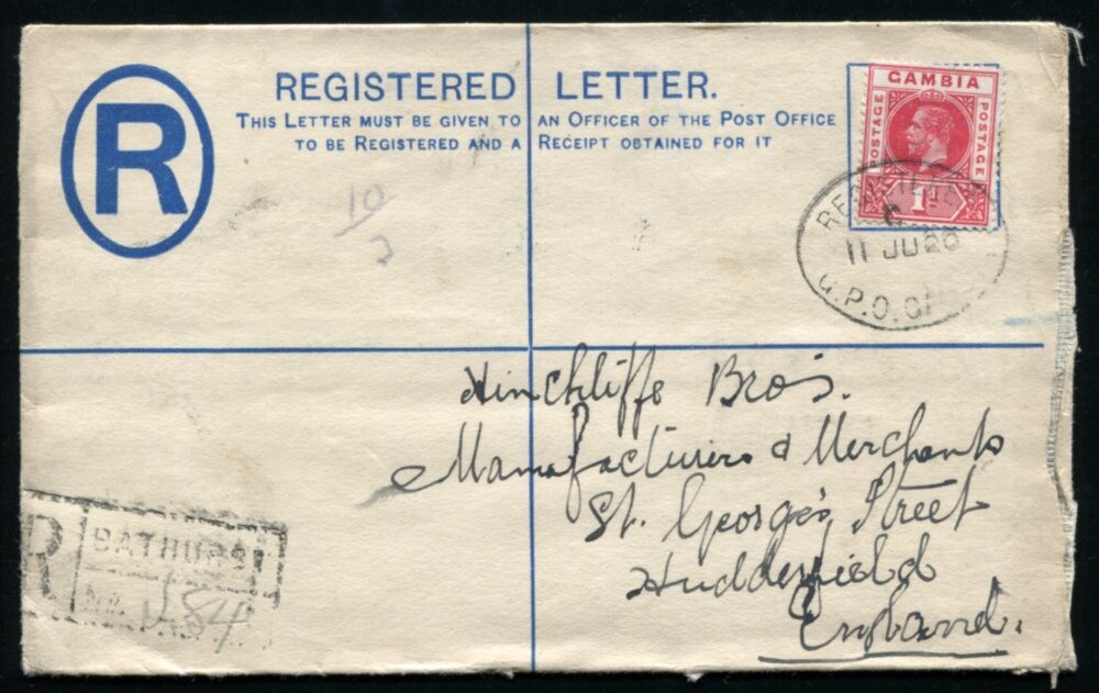 GAMBIA KG5 REGISTERED ENVELOPE 1920