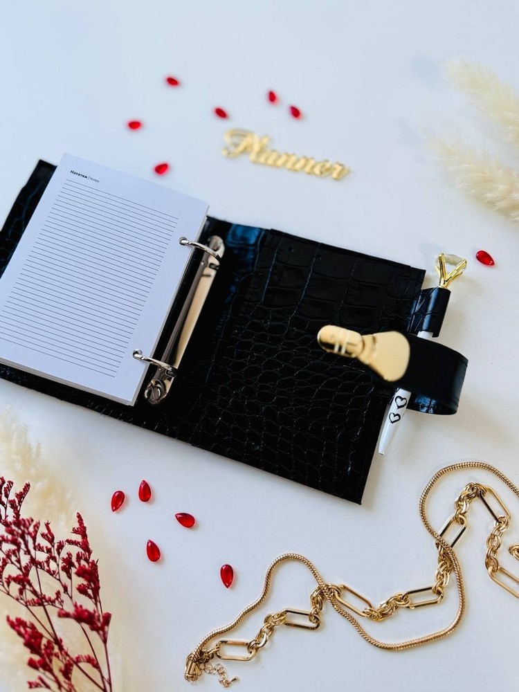 Black handmade leather cover notebook A7. Handcrafted gift.