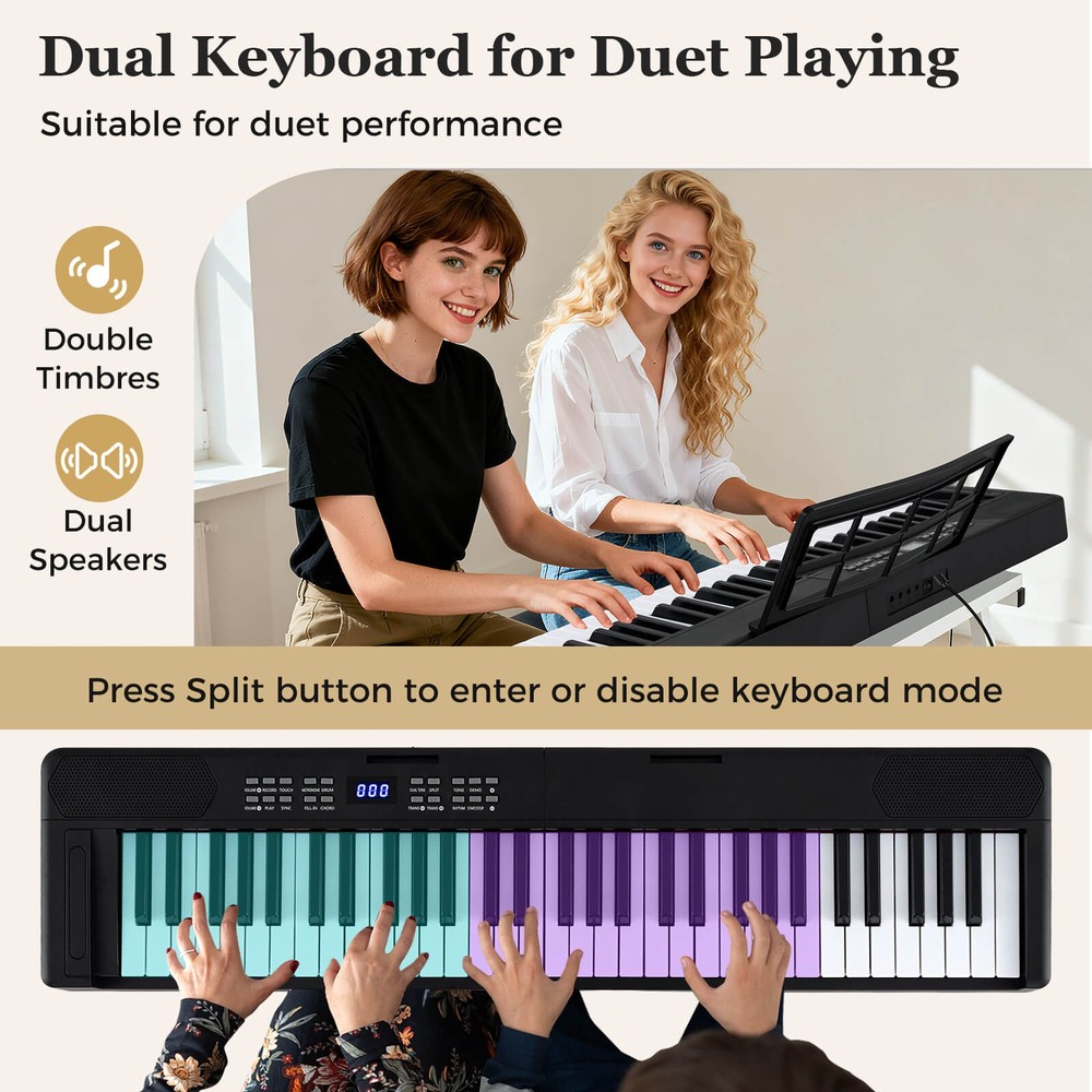 61-Key Foldable Piano Keyboard w/MIDI Split Function Headphone Sustain Pedal